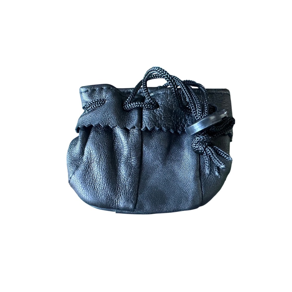 Small Black Pebbled Leather Drawstring Pouch Jewelry Coin Bag with Toggle